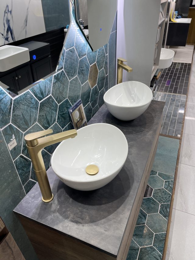 The 'Dune' Tropic hexagon tiles in mint, with magnet mint 60 x 120 tiles